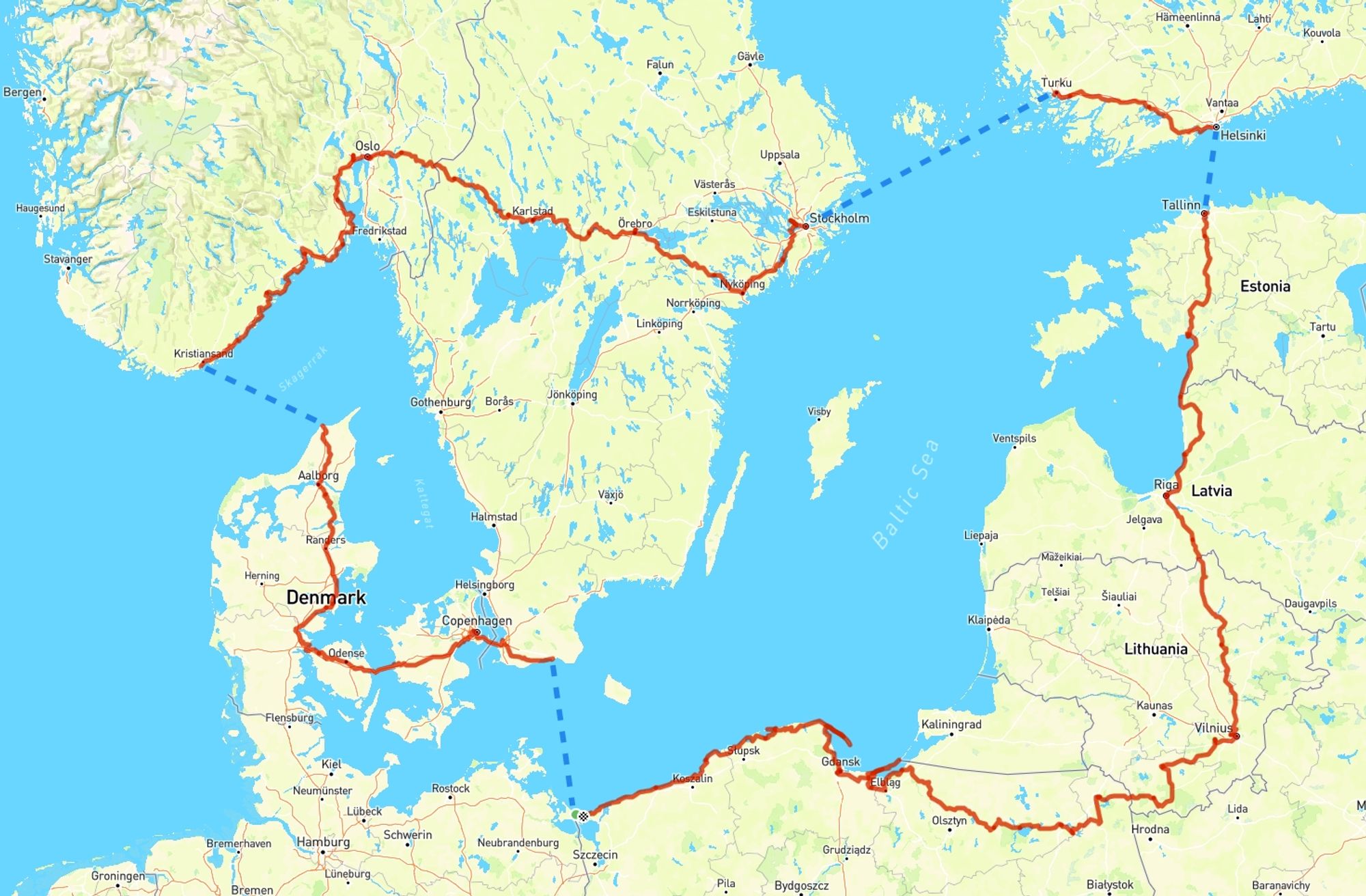 Mapa wyprawy rowerowej przez 7 stolic Północy