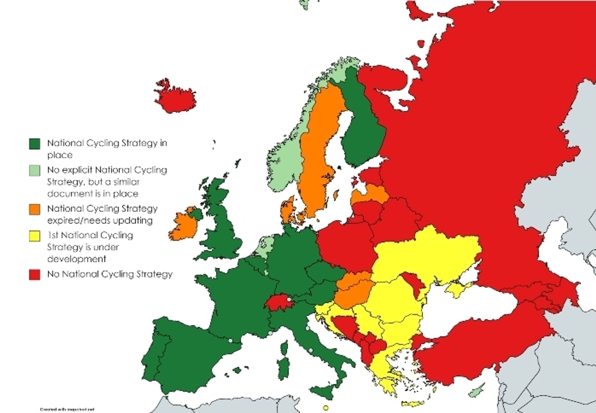 Mapa prezentująca status Narodowych Strategii Rowerowych w Europie. Źródło: European Cyclists’ Federation (2022). The state of national cycling strategies in Europe. 2nd edition