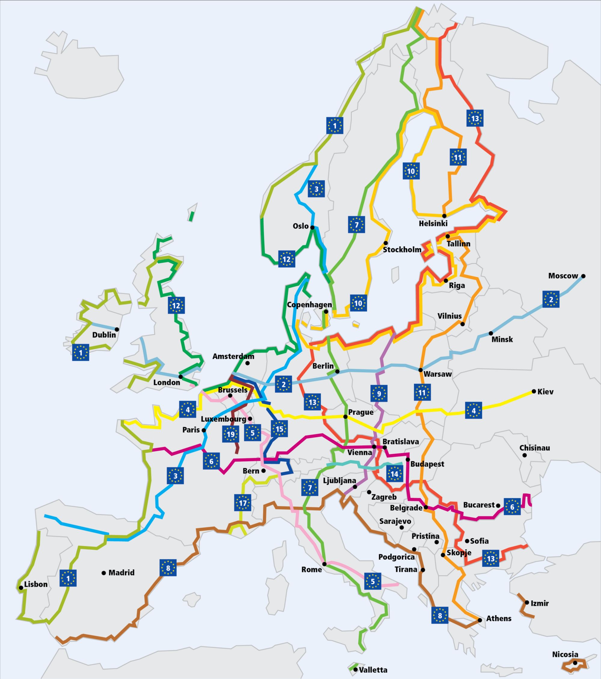 Mapa europejskich szlaków EuroVelo, źródło: eurovelo.com